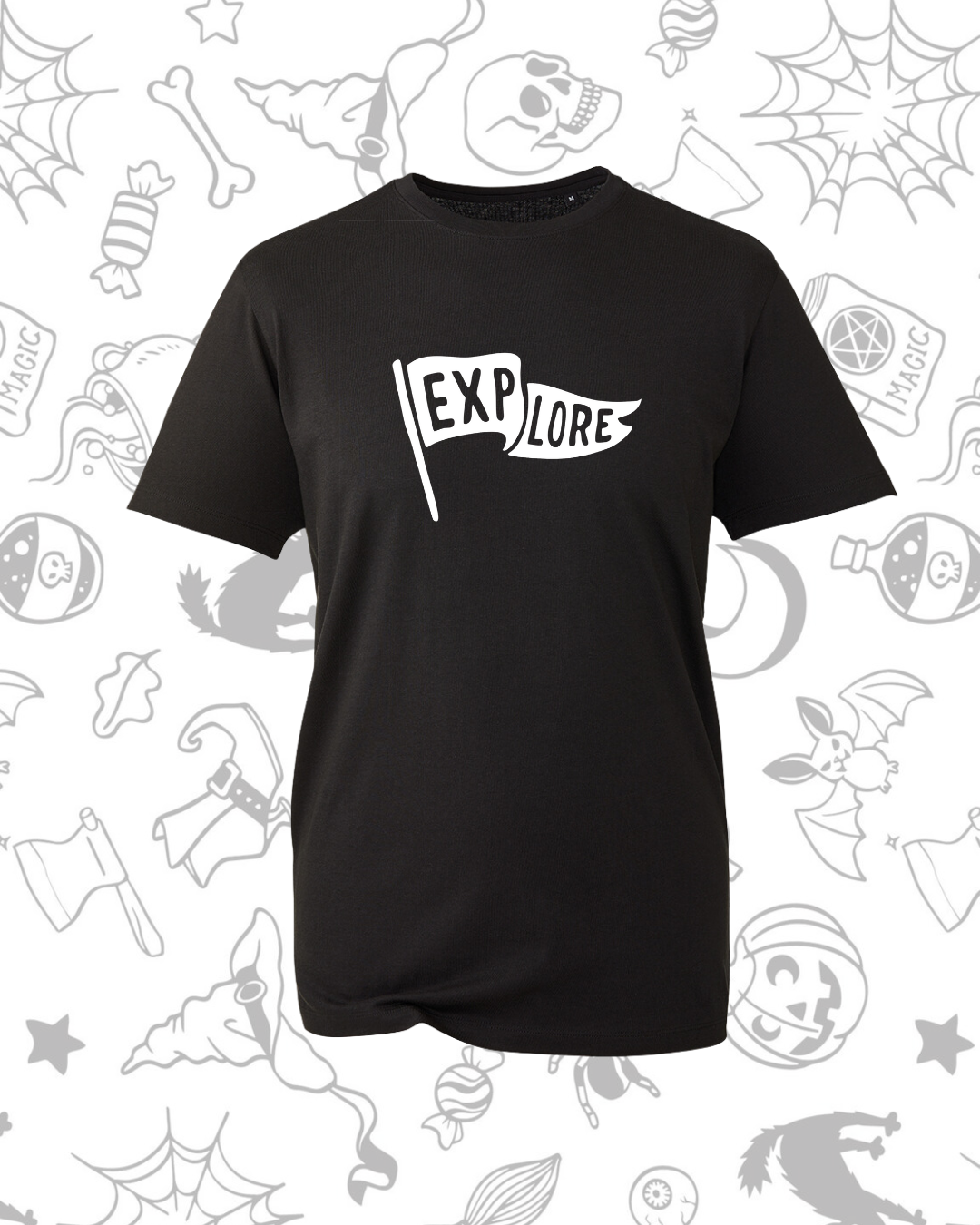 Black short-sleeve t-shirt with white "EXPLORE" flag graphic on front.