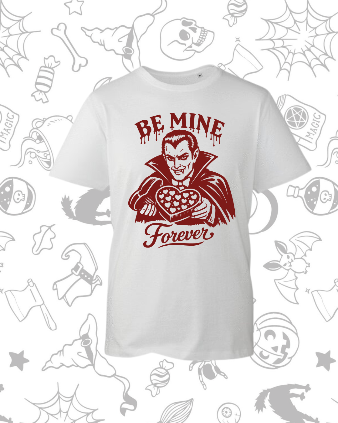 White short-sleeve t-shirt with red vintage vampire graphic and text "Be Mine Forever" on front.