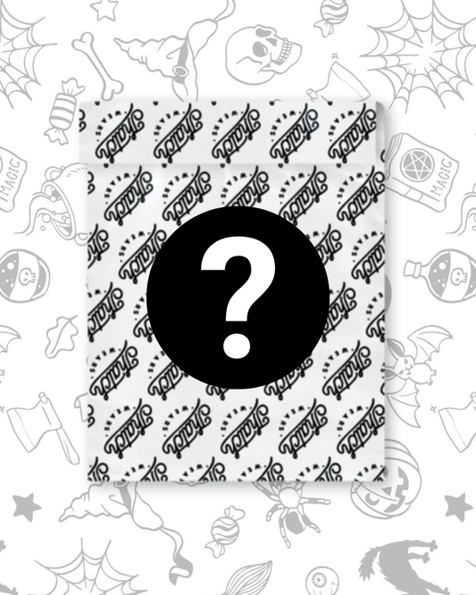 White packaging bag with black repeating "Lucky Stitch" logo and a large black circle featuring a white question mark in the