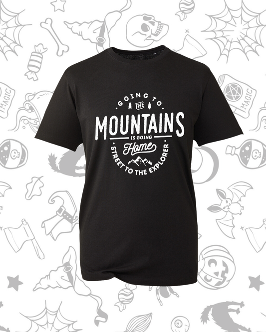 Black short-sleeve organic cotton tee with white "Going to the Mountains Is Going Home" text and mountain graphic on front.