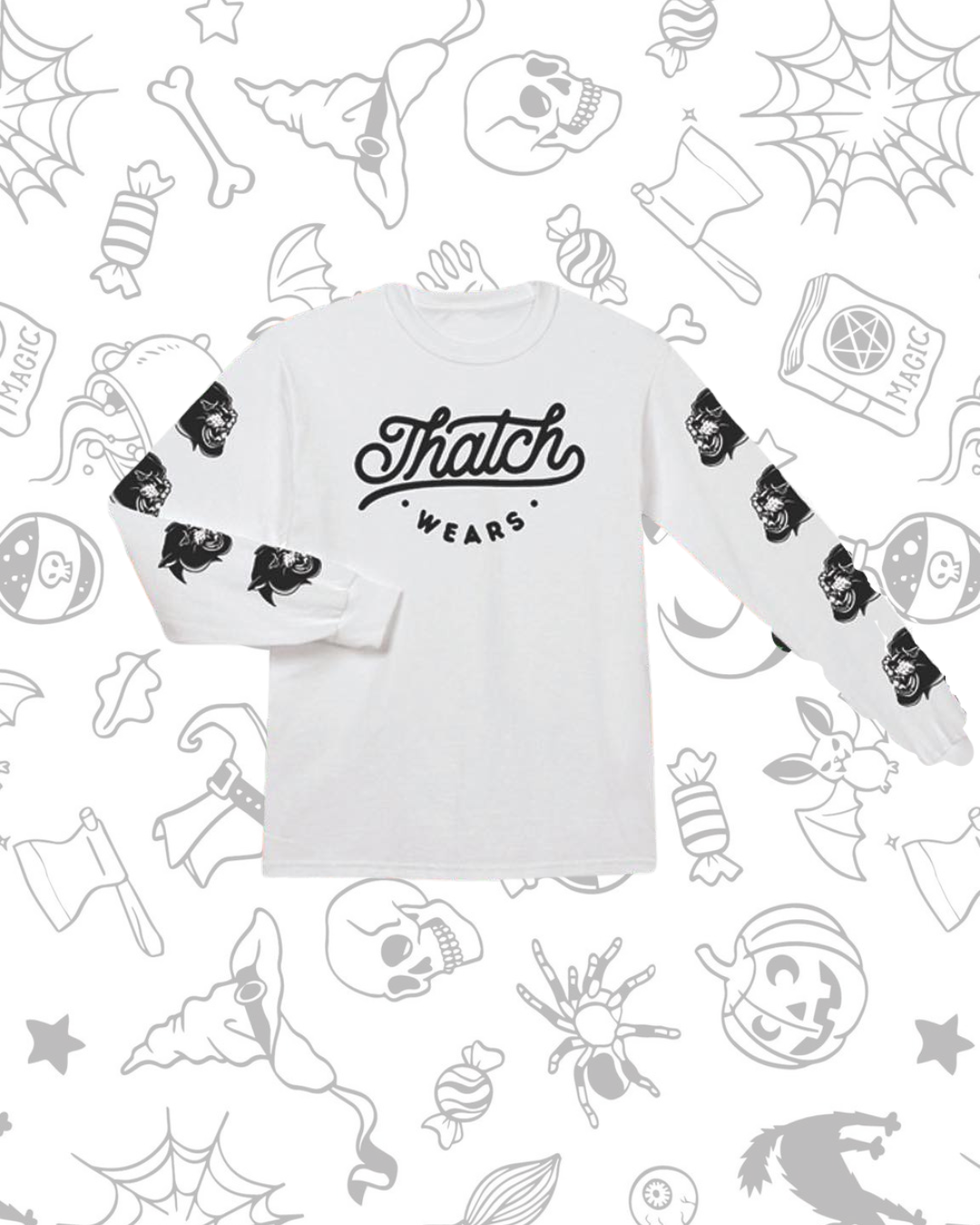 White long-sleeve organic tee with black “Thatch Wears” script on front and black panther head prints down both sleeves.