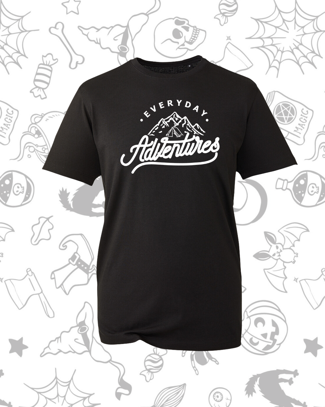 Black short-sleeve crew neck tee with white script "Everyday Adventures" text on front.