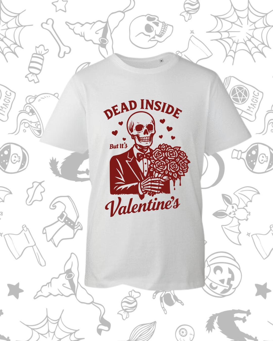 White T-shirt with red graphic of a skeleton in a suit holding a rose surrounded by hearts and the text "Dead Inside.