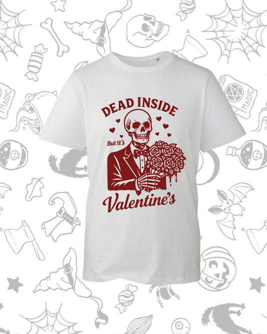 White T-shirt with red graphic of a skeleton in a suit holding a rose surrounded by hearts and the text "Dead Inside.