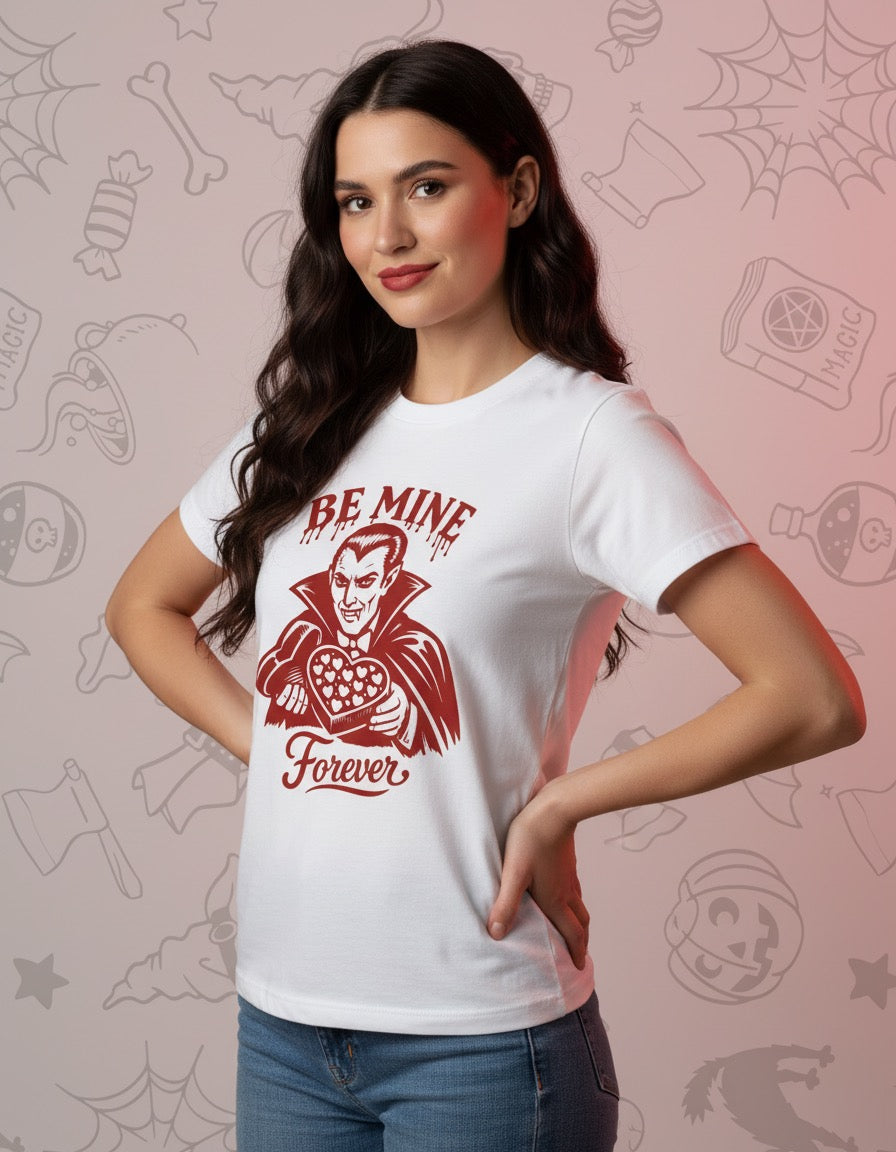 White fitted t-shirt with red “Be Mine Forever” text and graphic of a sinister clown holding a heart-shaped knife.