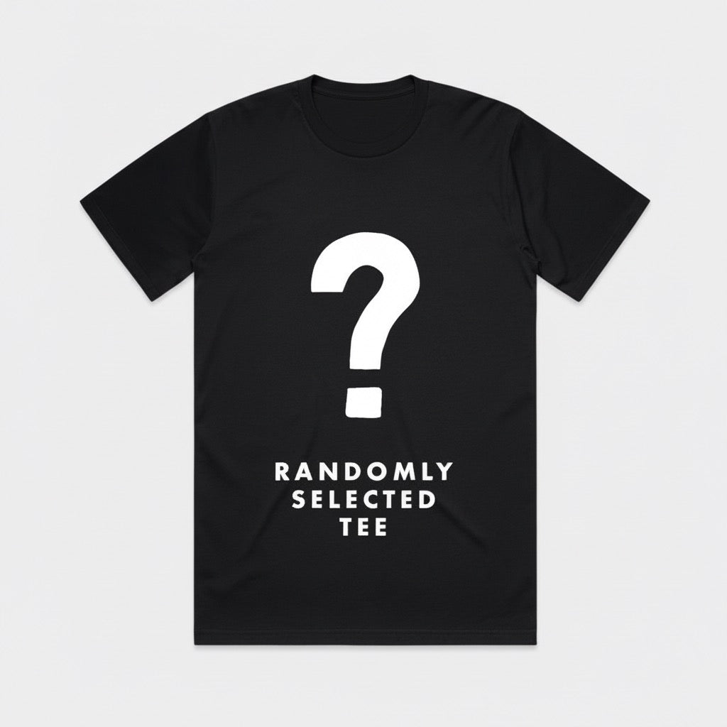 Black short-sleeve cotton t-shirt with a white question mark and "Randomly Selected Tee" text on front.