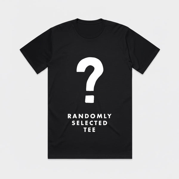 Black short-sleeve cotton t-shirt with a white question mark and "Randomly Selected Tee" text on front.
